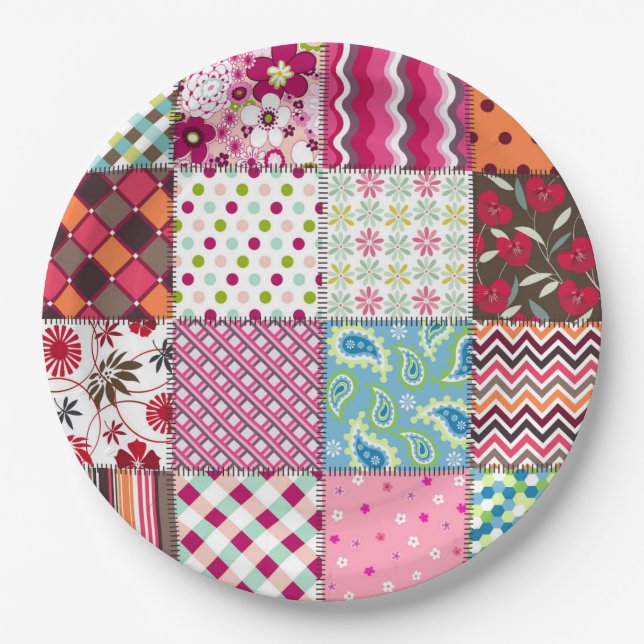 Patchwork Quilt Multicolored Gingham Paper Plate (Front)