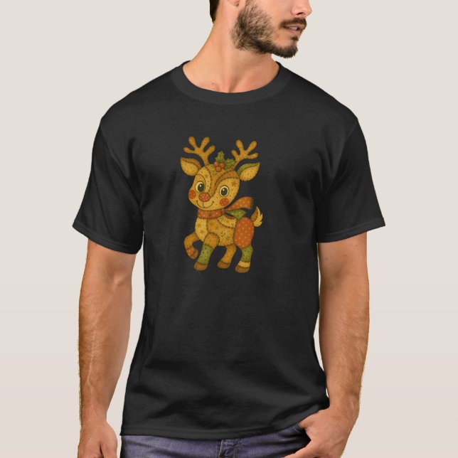 Patchwork Reindeer Christmas Winter Holiday Pullov T-Shirt (Front)