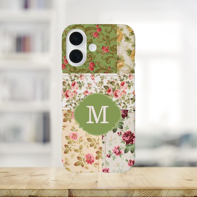 Patchwork Rose Custom Monogram iPhone 16 Case (Creator Uploaded)