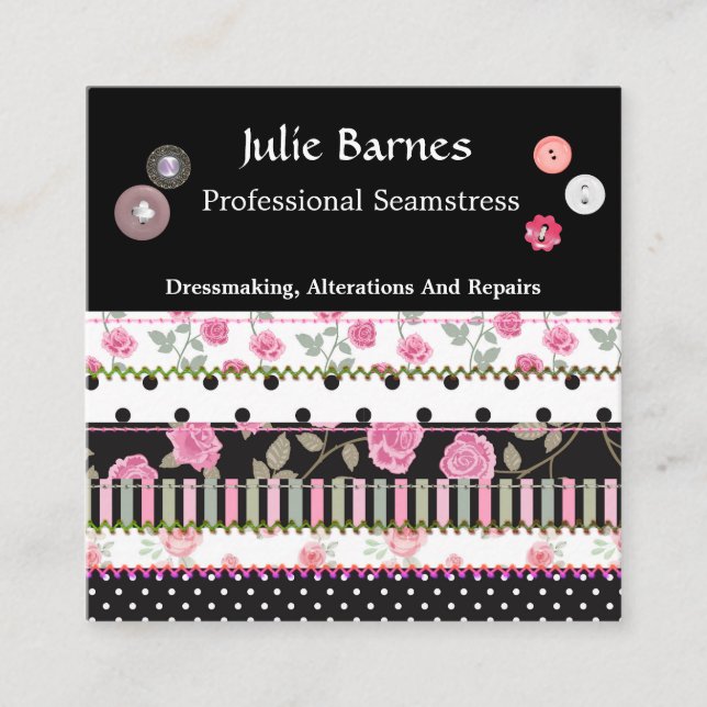 Patchwork Roses Stripes Polka Dots Seamstress Squa Square Business Card (Front)