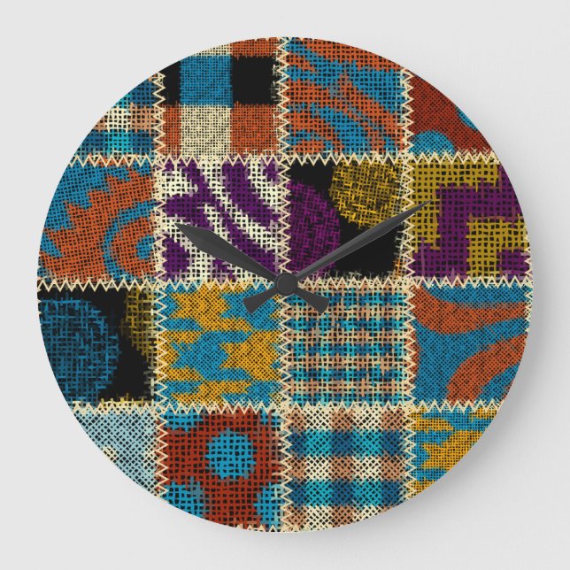 Patchwork Rough Canvas Seamless Pattern Large Clock (Front)