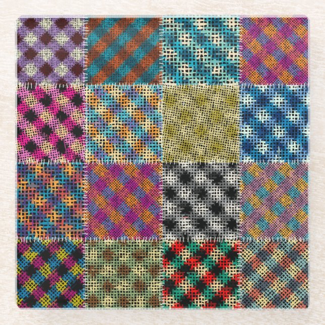 Patchwork Rough Canvas Squares Vintage Glass Coaster (Front)