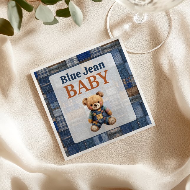 Patchwork Rustic Denim Bear Blue Jean Baby Shower Napkin (Creator Uploaded)