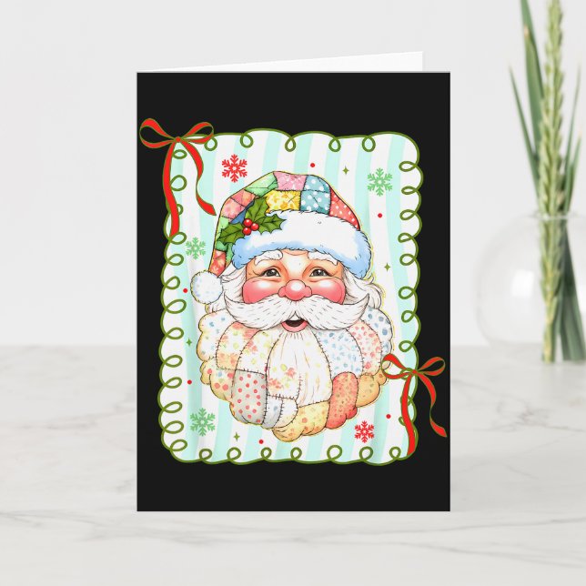 Patchwork Santa Claus Face Coquette Merry Christma Card (Front)