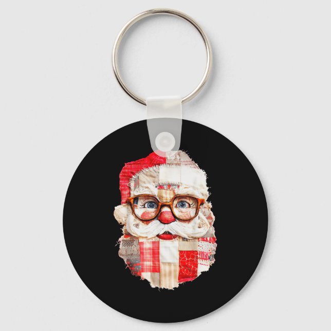 Patchwork Santa Claus Face Preppy Girly Christmas  Key Ring (Front)