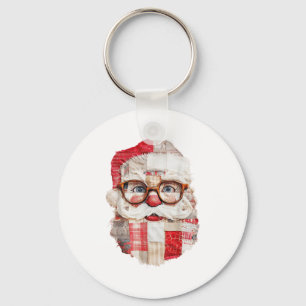 Patchwork Santa Claus Face Preppy Girly Christmas  Key Ring