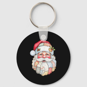 Patchwork Santa Claus Face Preppy Girly Christmas Key Ring
