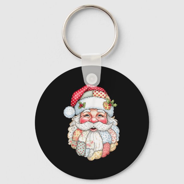 Patchwork Santa Claus Face Preppy Girly Christmas  Key Ring (Front)
