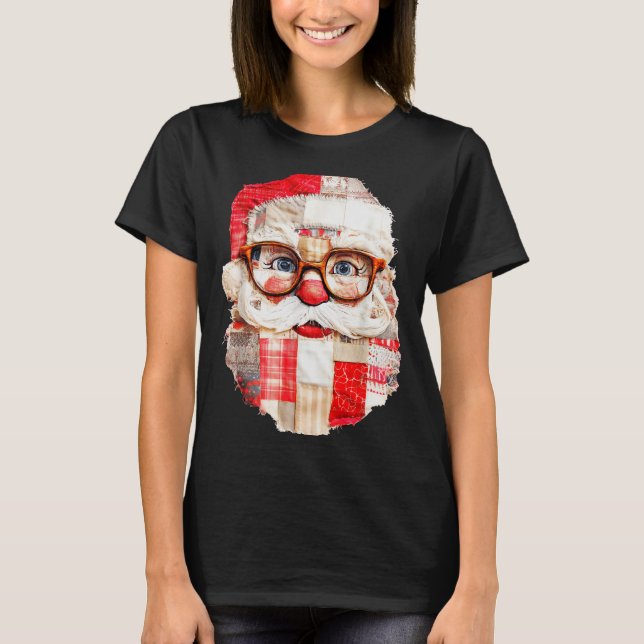 Patchwork Santa Claus Face Preppy Girly Christmas  T-Shirt (Front)