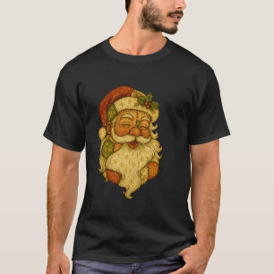 Patchwork Santa Claus Face Vintage Christmas Folk  T-Shirt