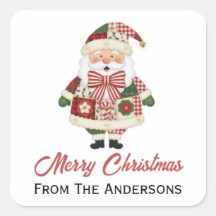 Patchwork Santa Red Christmas Holiday Square Sticker