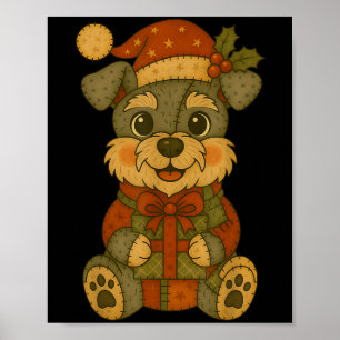 Patchwork Schnauzer Dog With Santa Hat For Christm Poster