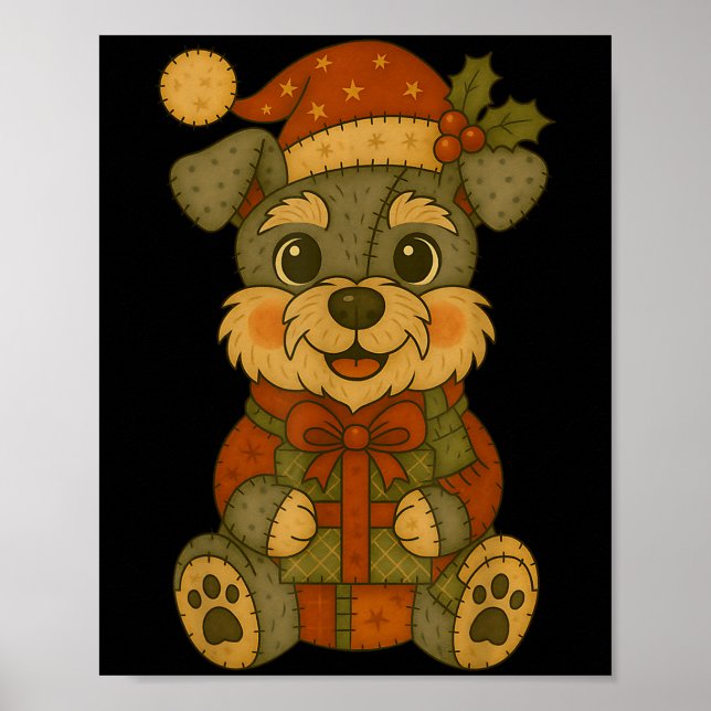 Patchwork Schnauzer Dog With Santa Hat For Christm Poster (Front)
