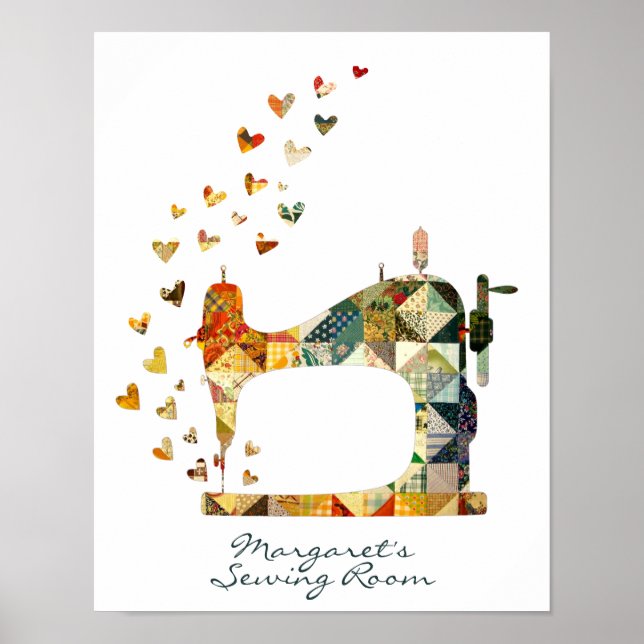 Patchwork Sewing Machine Hearts Poster (Front)