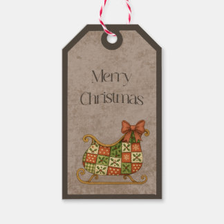 Patchwork Sleigh in Christmas Colours Gift Tag