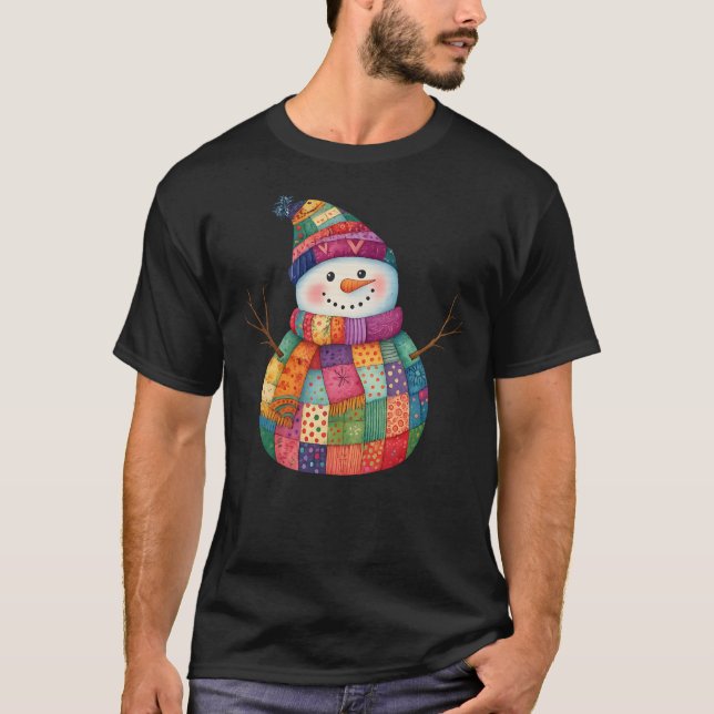 Patchwork Snowman Colourful Winter Christmas T-Shirt (Front)