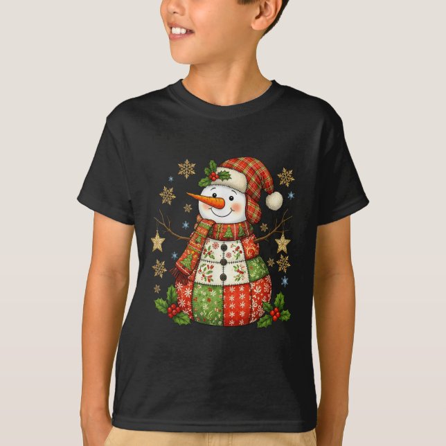 Patchwork Snowman Preppy Girly Christmas Xmas Holi T-Shirt (Front)
