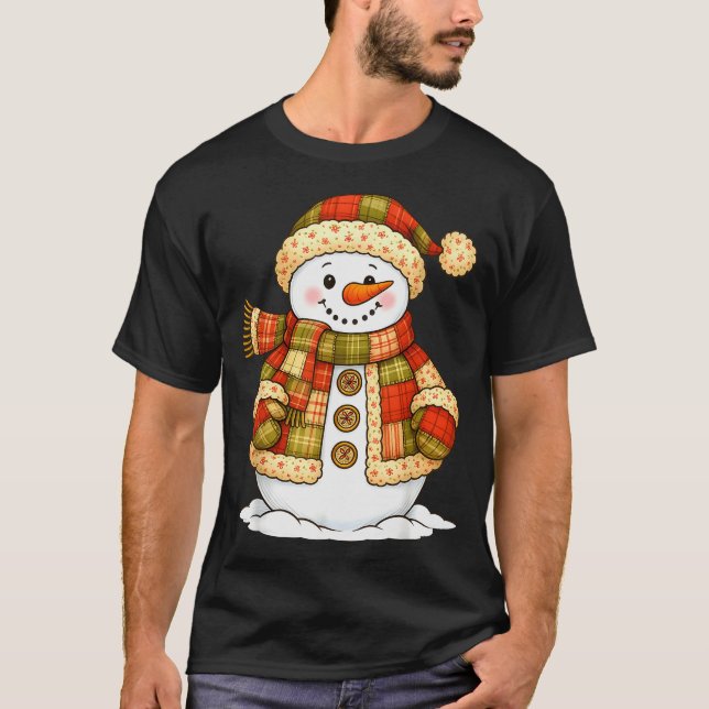 Patchwork Snowman Retro Funny Snowman Holiday Chri T-Shirt (Front)