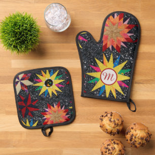 Patchwork Star Quilt Pattern Oven Mitt & Pot Holder Set