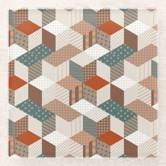 Patchwork Stars Vintage Brown Green Glass Coaster (Front)