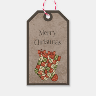 Patchwork Stockings in Christmas Colours Gift Tag