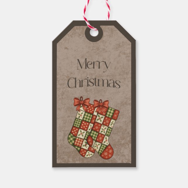 Patchwork Stockings in Christmas Colours Gift Tag (Front)