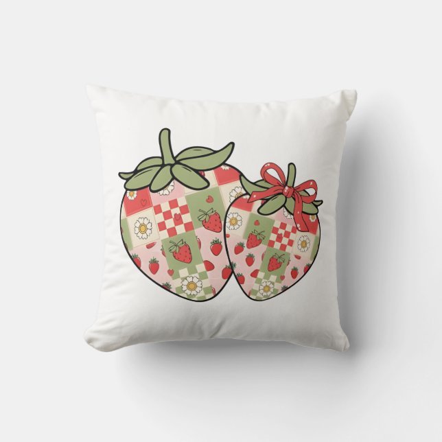 Patchwork Strawberry Hearts Cute Coquette Art Cushion (Front)