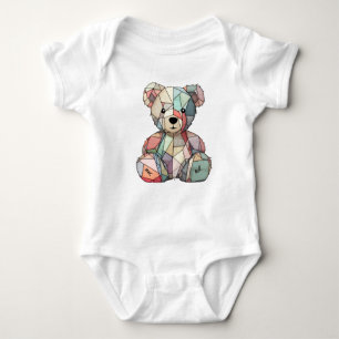 Patchwork Style Baby Bear & Heart Motif Baby Bodysuit