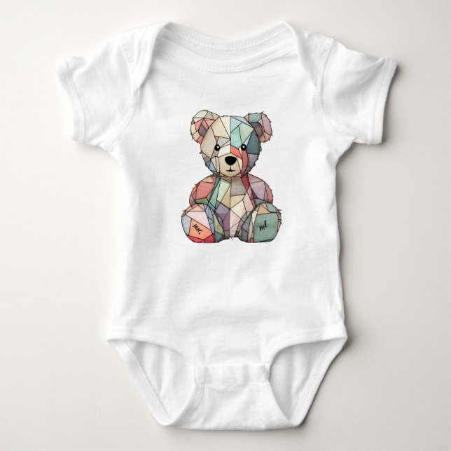 Patchwork Style Baby Bear & Heart Motif  Baby Bodysuit (Front)