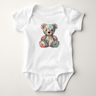Patchwork Style Baby Bear & Heart Motif Bodysuit