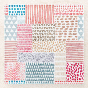 Patchwork Style Cute Doodle Pattern Glass Coaster