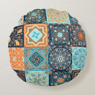 Patchwork Style: Decorative Square Ornaments Round Cushion