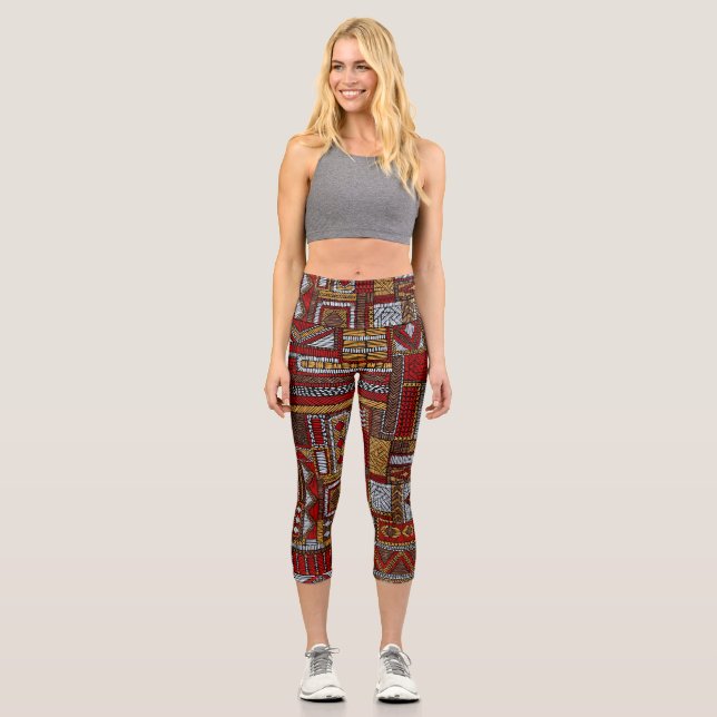 Patchwork Style Embroidered Ethnic Print Capri Leggings (Front)