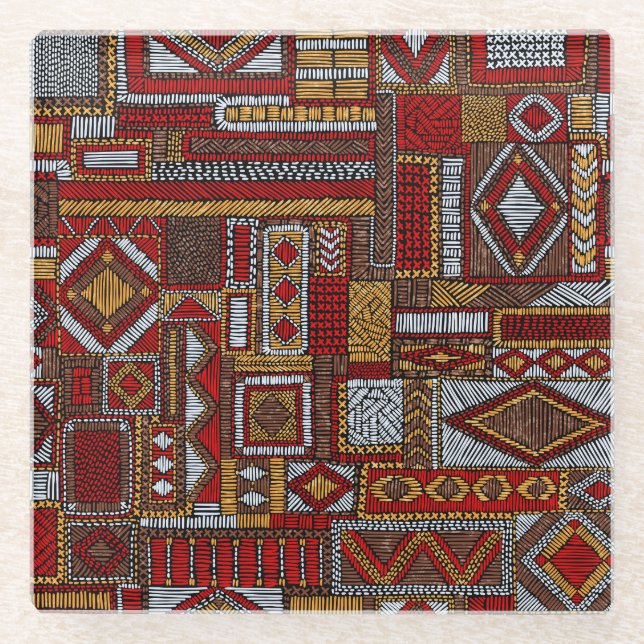 Patchwork Style Embroidered Ethnic Print Glass Coaster (Front)
