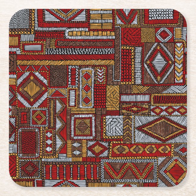 Patchwork Style Embroidered Ethnic Print Square Paper Coaster (Front)