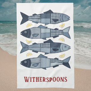 Patchwork Style Sardines Coastal Beach Theme Tea Towel