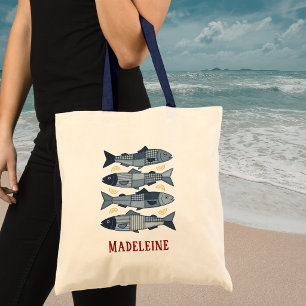 Patchwork Style Sardines Coastal Beach Theme Tote Bag
