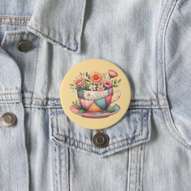 Patchwork Teacup with Whimsical Flowers 7.5 Cm Round Badge (In Situ)
