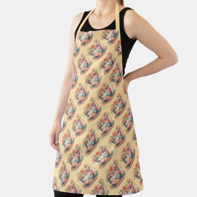Patchwork Teacup with Whimsical Flowers Apron (Insitu)
