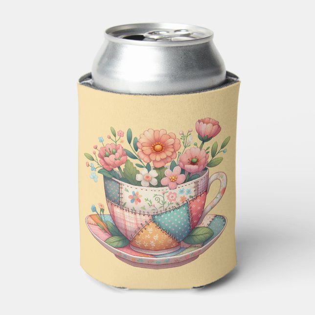 Patchwork Teacup with Whimsical Flowers Can Cooler (Can Front)