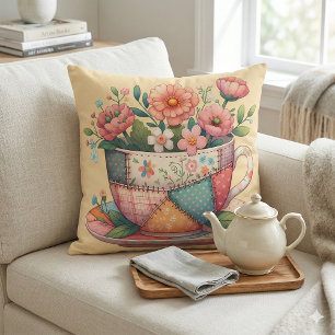 Patchwork Teacup with Whimsical Flowers Cushion
