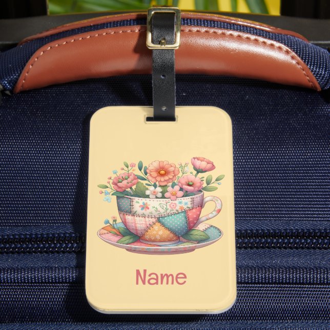 Patchwork Teacup with Whimsical Flowers Luggage Tag (Front Insitu 2)