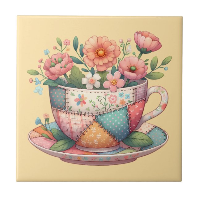 Patchwork Teacup with Whimsical Flowers Tile (Front)