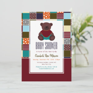 Patchwork Teddy Bear, Baby Shower Invitation