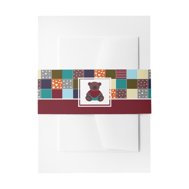 Patchwork Teddy Bear, Baby Shower Invitation Belly Band (Front Example)
