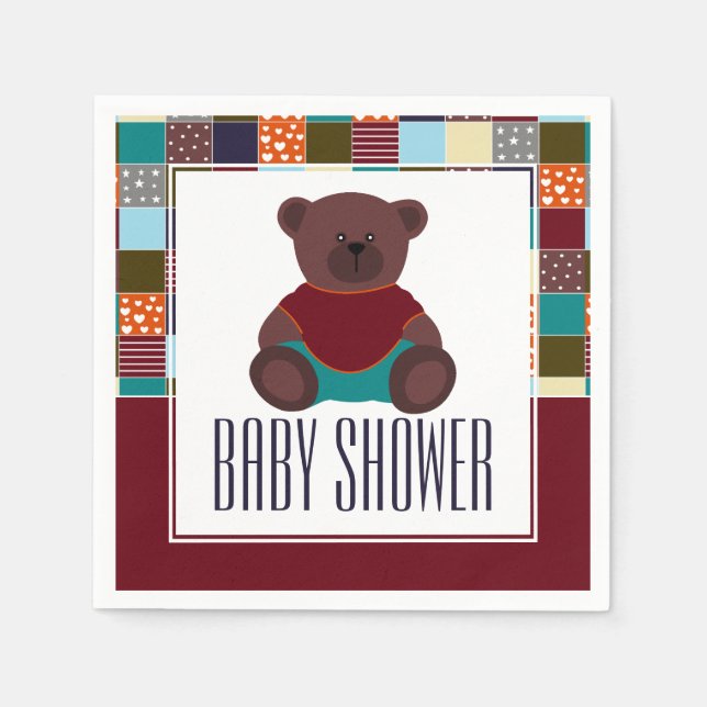 Patchwork Teddy Bear, Baby Shower Napkin (Front)