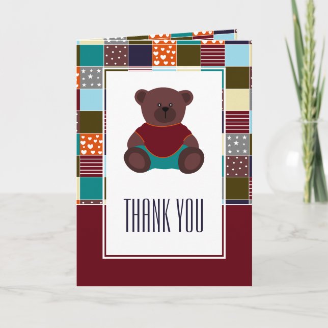 Patchwork Teddy Bear, Baby Shower Thank You Card (Front)