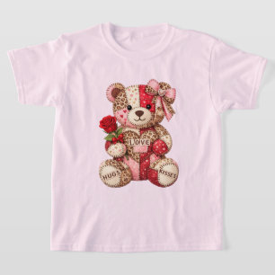 Patchwork Teddy Bear Valentine — Quilted Leopard H T-Shirt