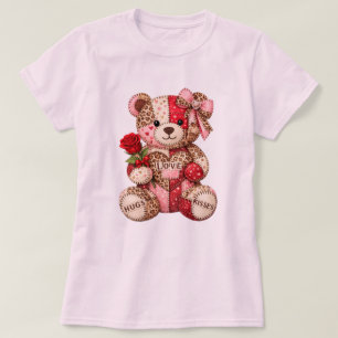 Patchwork Teddy Bear Valentine — Quilted Leopard H T-Shirt