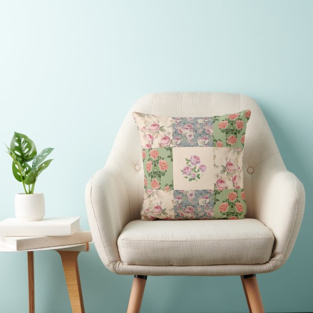 Patchwork Throw Pillow with Beautiful Pink Roses (Chair)